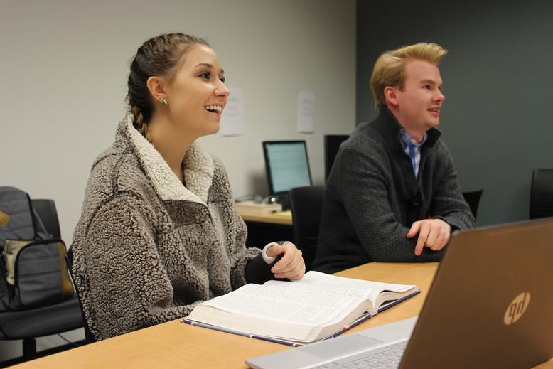 Two students in MSU Denver's College of Business Tutoring Lab