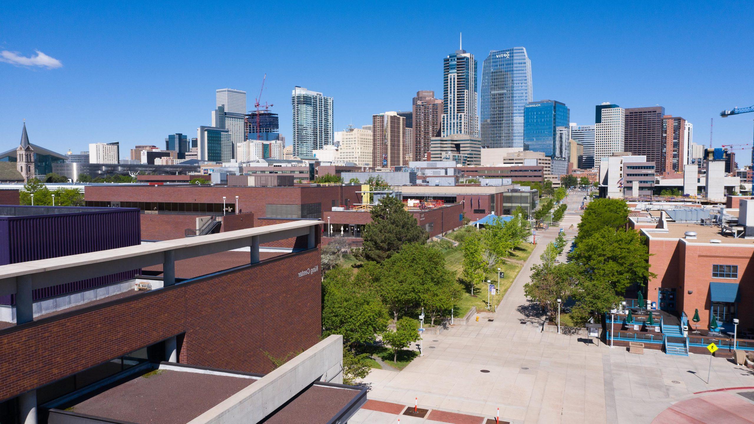 Aerial photo of the MSU Denver campus with a view of the Denver skyline.